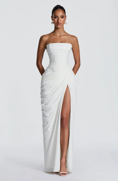 Aurelia Draped Maxi Dress in White - Maeve & Erin Dublin