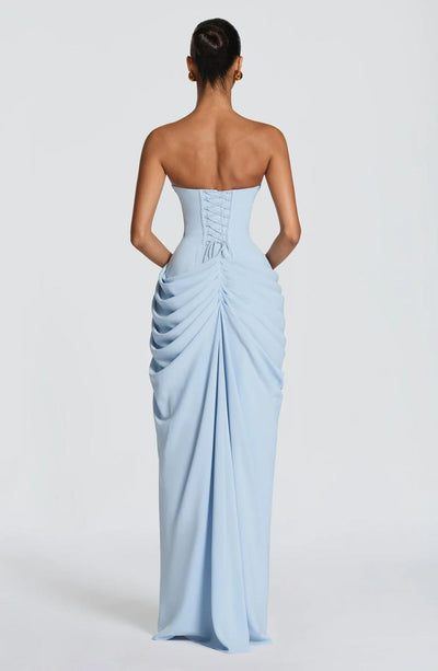 Aurelia Draped Maxi Dress in Light Blue front view - Maeve & Erin Dublin